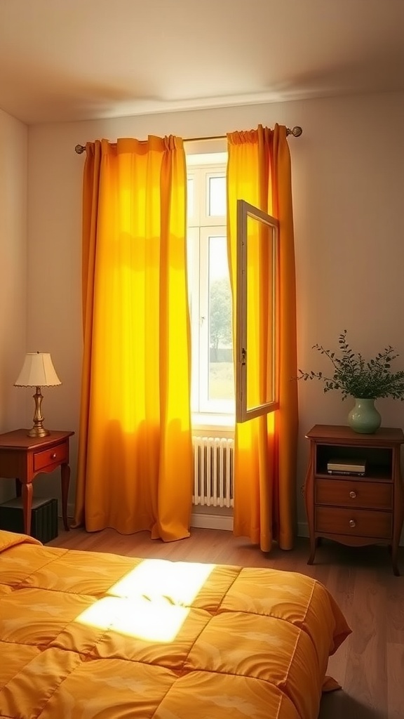Bright mustard yellow curtains in a bedroom, framing a window with sunlight streaming in.