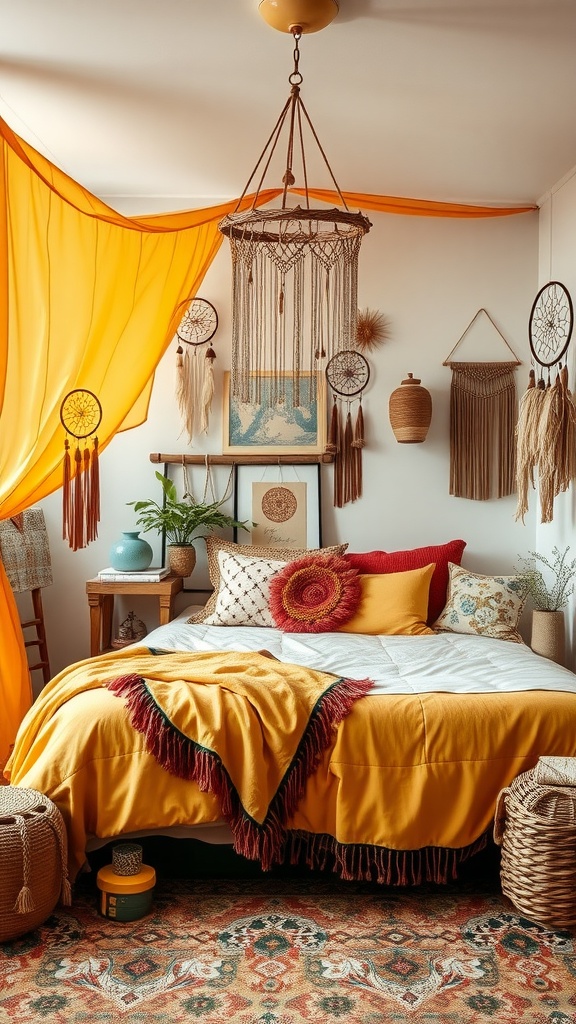 A modern bohemian bedroom featuring mustard yellow bedding, macrame decor, and earthy tones.