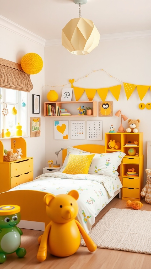 A colorful children's bedroom featuring mustard yellow decor and playful elements.