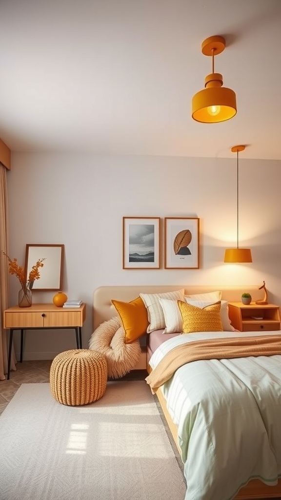 A cozy bedroom featuring mustard yellow lighting fixtures, a comfortable bed, and warm decor.
