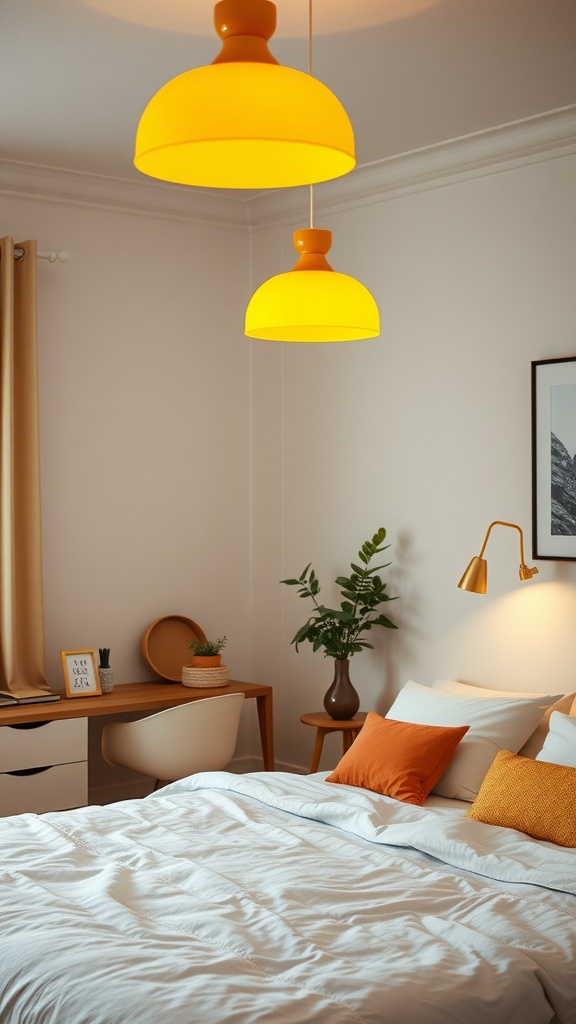 Cozy bedroom featuring mustard yellow pendant lights, white bedding, and orange accents.