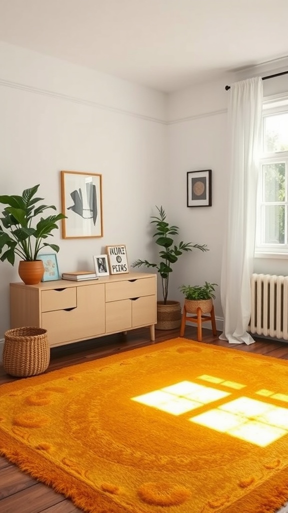 A cozy bedroom featuring a plush mustard yellow rug, plants, and light wooden furniture.