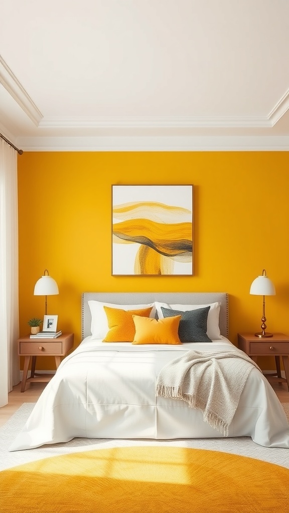 A bedroom with mustard yellow walls and abstract wall art featuring flowing lines in yellow and brown.