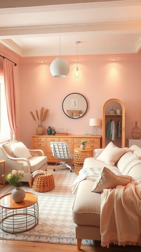 A cozy living room with muted blush pink walls, natural wood furniture, and soft textiles.