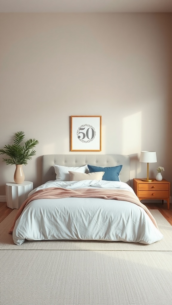 A serene bedroom featuring a muted color palette with soft bedding, a nightstand, and a plant.