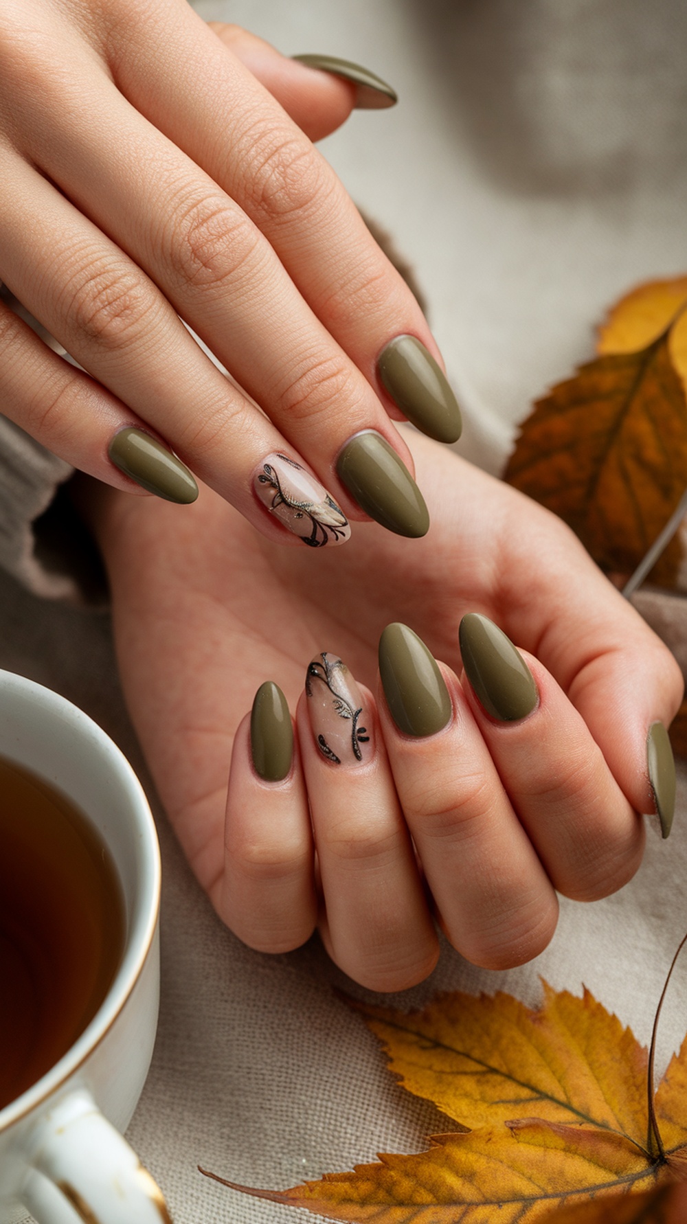 Close-up of hands with muted olive green almond nails and a delicate design, holding a cup of tea, with autumn leaves in the background.