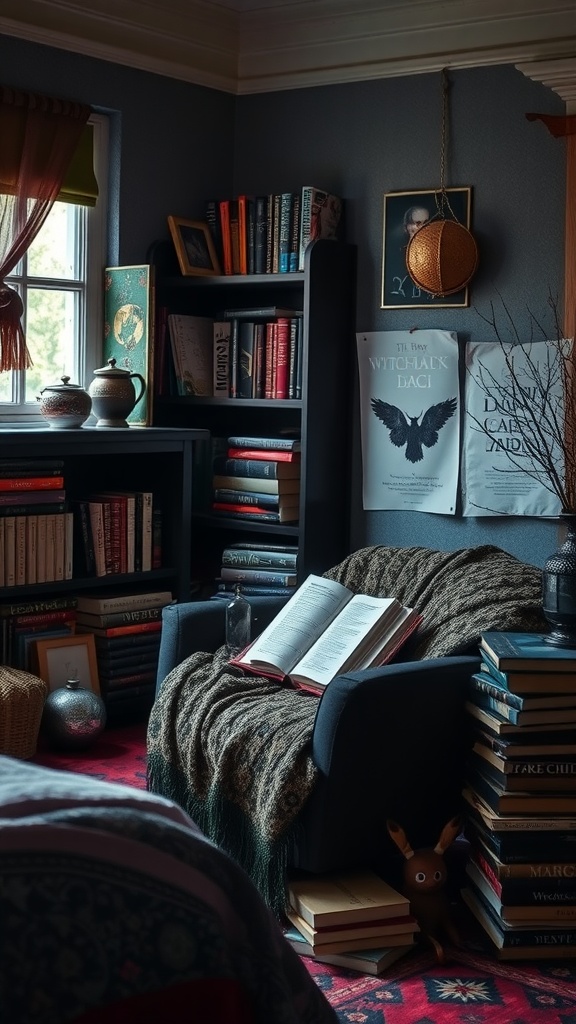 A cozy and mysterious book nook in a witchy bedroom, featuring a plush chair, a variety of books, and mystical decor.