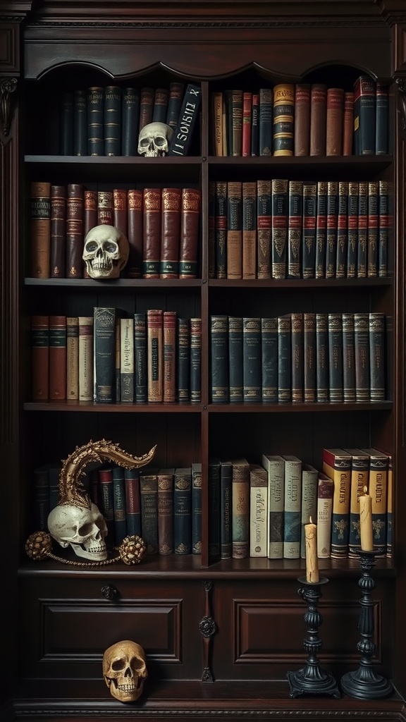 A dark wooden bookshelf filled with vintage books and decorative skulls, creating a mysterious gothic atmosphere.