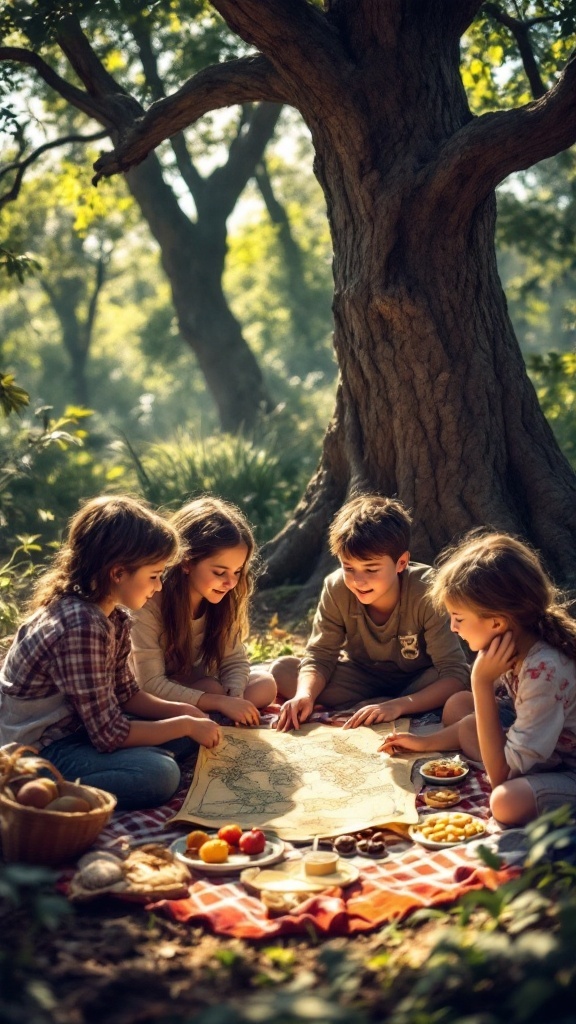 Kids sitting under a tree, looking at a treasure map and discussing their scavenger hunt.