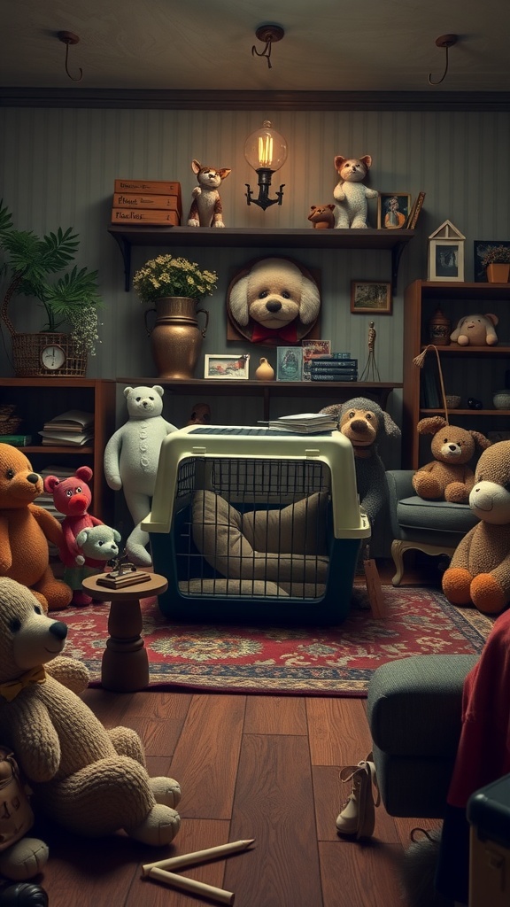 A cozy room filled with stuffed animals and a pet carrier, inviting kids to solve a mystery.