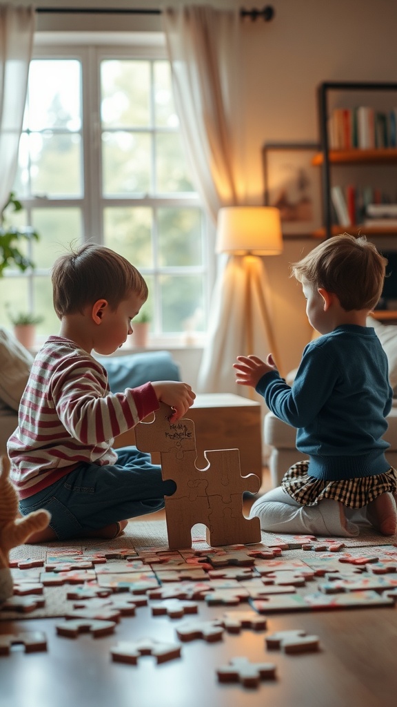 Two children sitting on the floor playing with puzzle pieces and a partially assembled puzzle in a cozy living room setting.