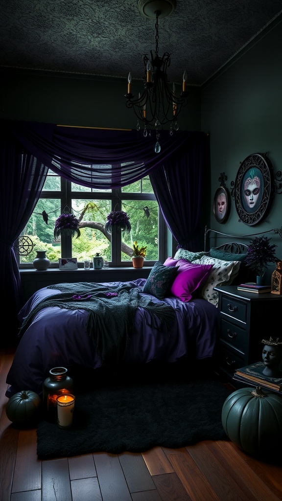 A witchy-themed bedroom featuring deep purple bedding, black accents, and moody decor.