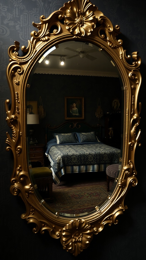 A beautifully ornate golden mirror reflecting a cozy bedroom with blue bedding and dark walls.