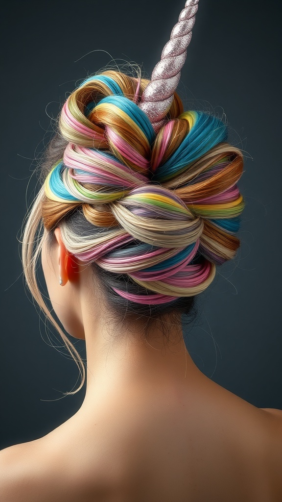 A colorful updo hairstyle featuring a unicorn horn, showcasing various pastel shades.