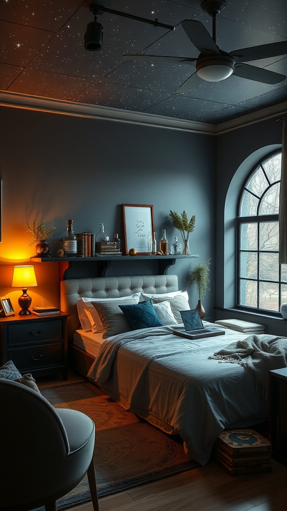 A cozy bedroom designed with a mystical wizard theme, featuring a starry ceiling, warm lighting, and a stylish bed.