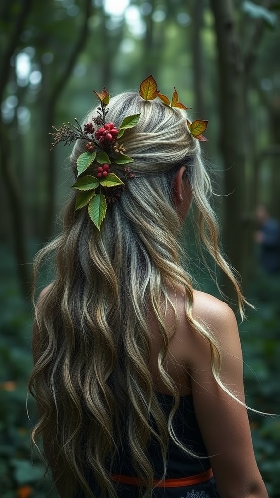 A woman with long, wavy hair adorned with leaves and berries in a forest setting.
