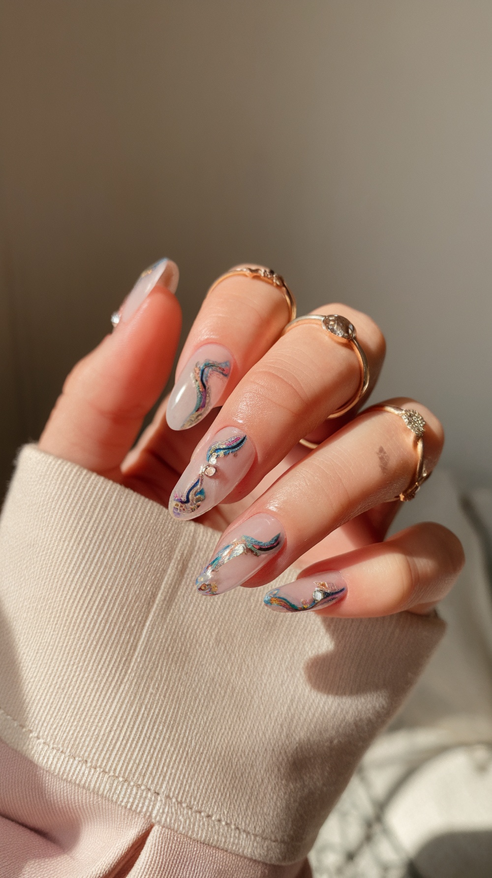 A hand with slim nails featuring colorful nail art and rings