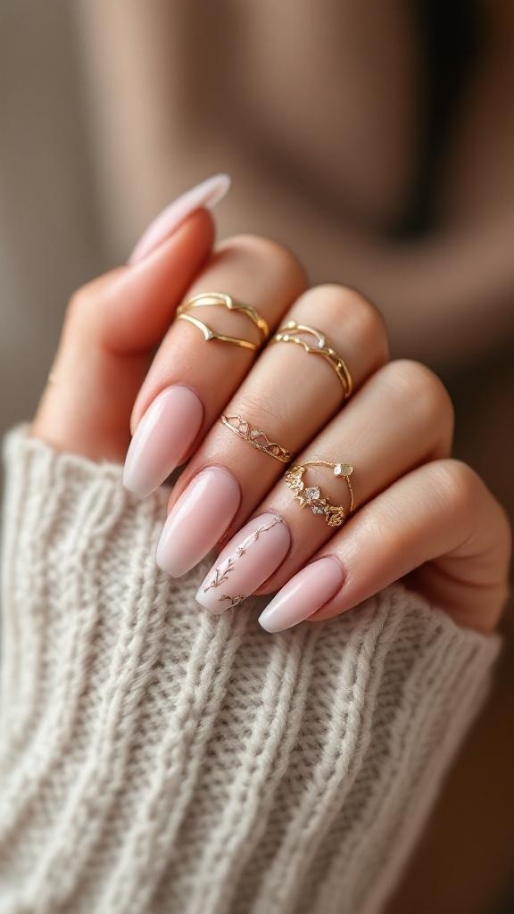 Close-up of elegant Buchona style nails with gold rings and a soft pink ombre effect.