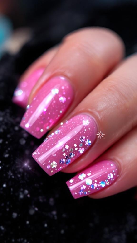 Close-up of hands with pink glitter nails adorned with rhinestones, wearing rings and a cozy sweater.