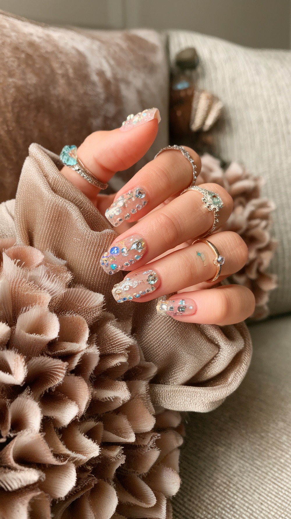 A close-up of hands with sparkling rhinestone nail art, showcasing a mix of sizes and colors on a clear base.