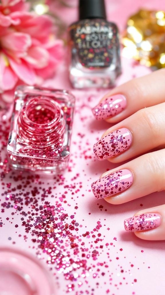 Close-up of hands with pink glitter nails and rings, showcasing nail care and style.