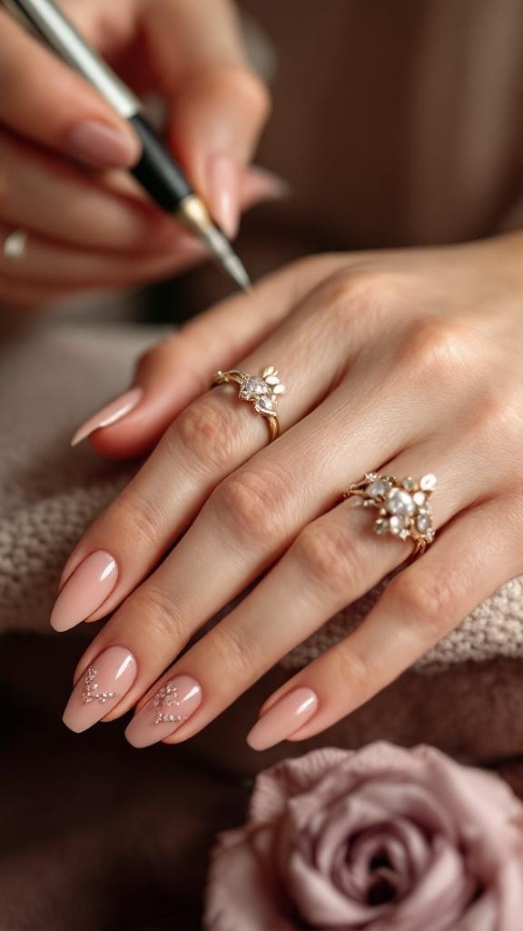 Close-up of a hand with elegant nail extensions, featuring a soft pink color and decorative embellishments.