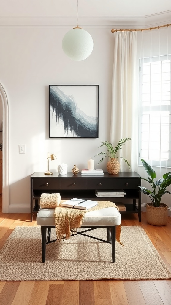 A cozy bedroom scene featuring a narrow console table used as a bench with a cushioned top, a throw, and books, creating a warm atmosphere.