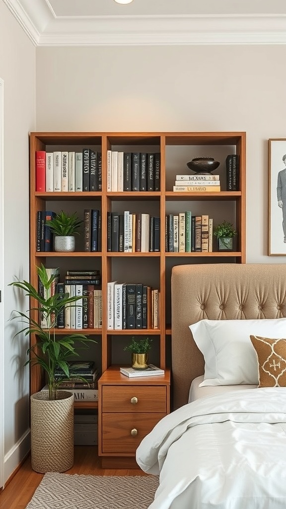 A narrow corner bookshelf filled with books and decorative items, featuring plants and a cozy bedroom setting.