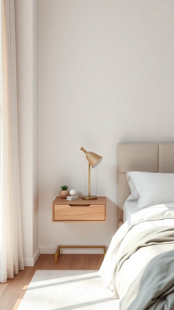 A narrow floating nightstand with a lamp and plant beside a bed in a small bedroom.
