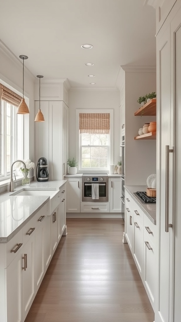 A narrow galley kitchen with a sleek island, light cabinets, and warm pendant lighting.