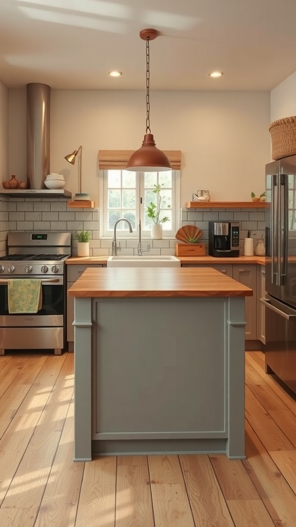 A narrow kitchen island with a wooden top and gray base in a cozy kitchen setting