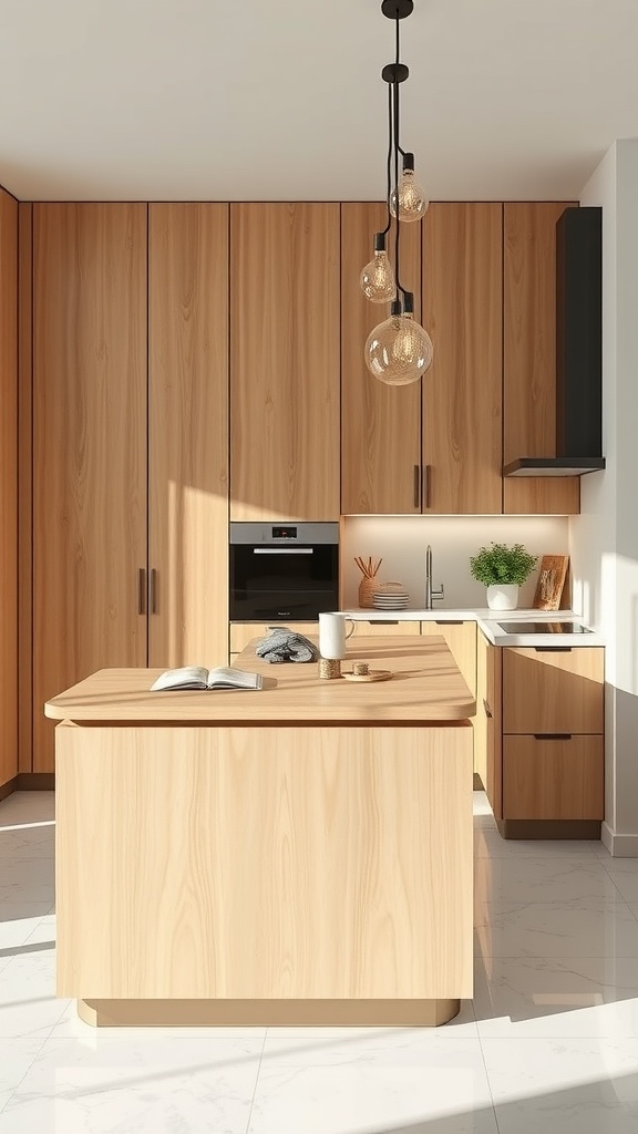 A modern narrow kitchen island in a small kitchen with wooden cabinetry and pendant lighting.
