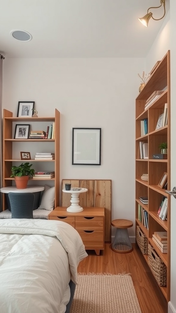 Cozy bedroom with narrow wooden shelves, plants, and a round table