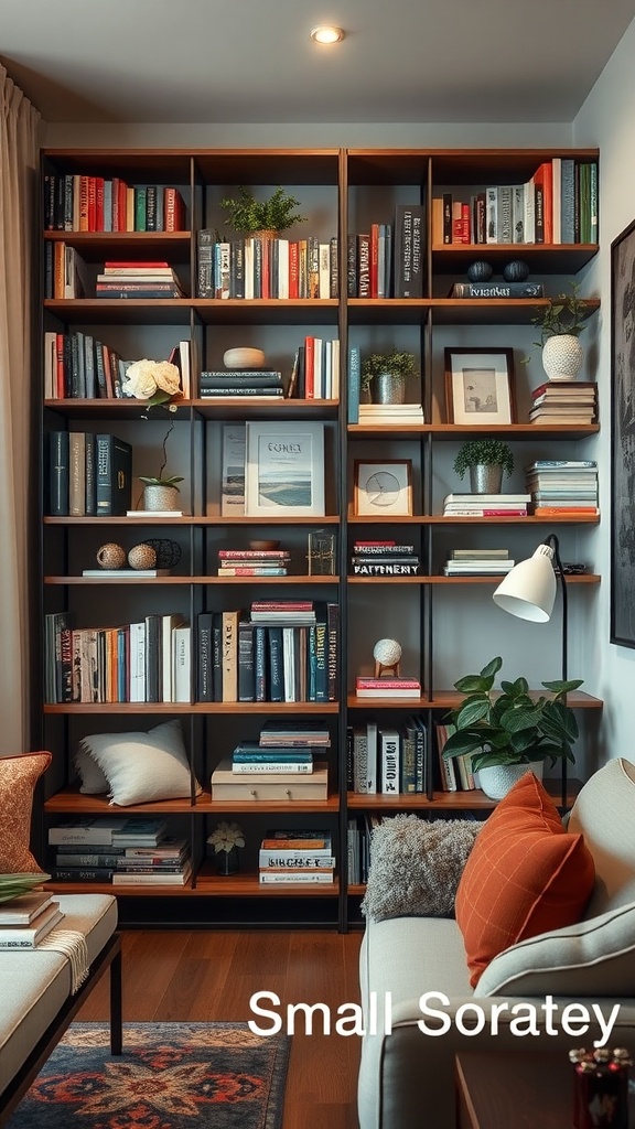 Narrow shelving unit filled with books and decorative items in a cozy living room