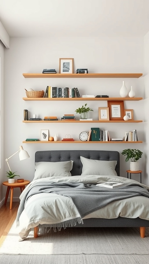 A cozy bedroom featuring narrow wooden shelves above the bed, displaying books, decor, and framed photos.