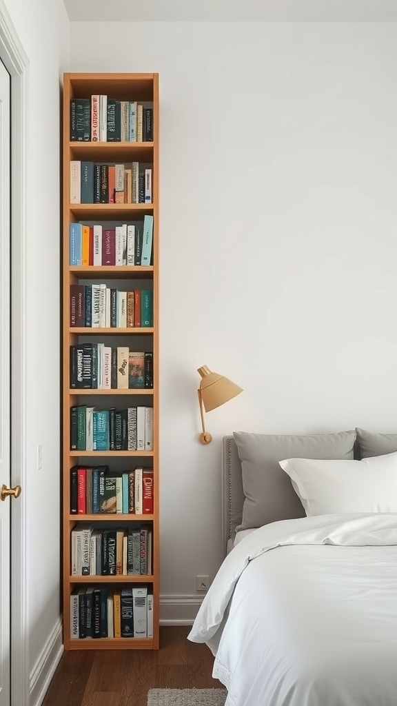 A narrow vertical bookshelf filled with books in a cozy bedroom corner.