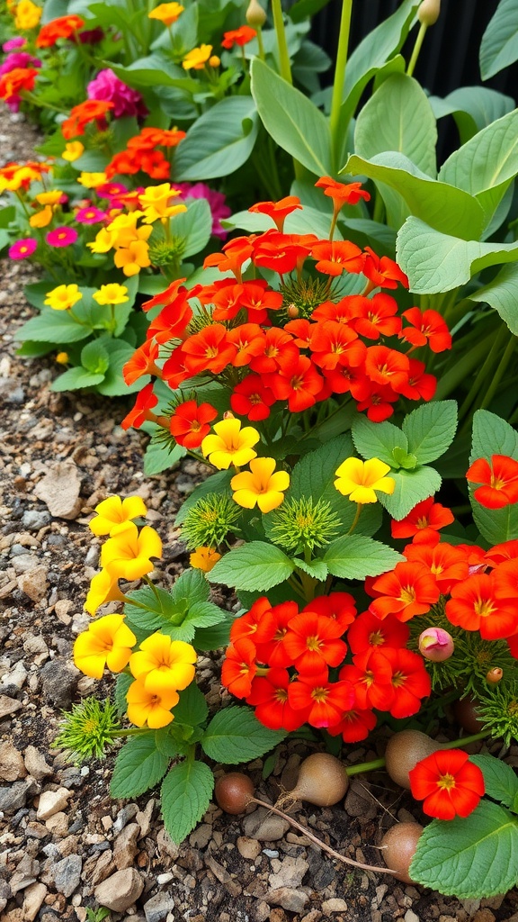 Colorful nasturtiums blooming in a garden bed with radishes visible.