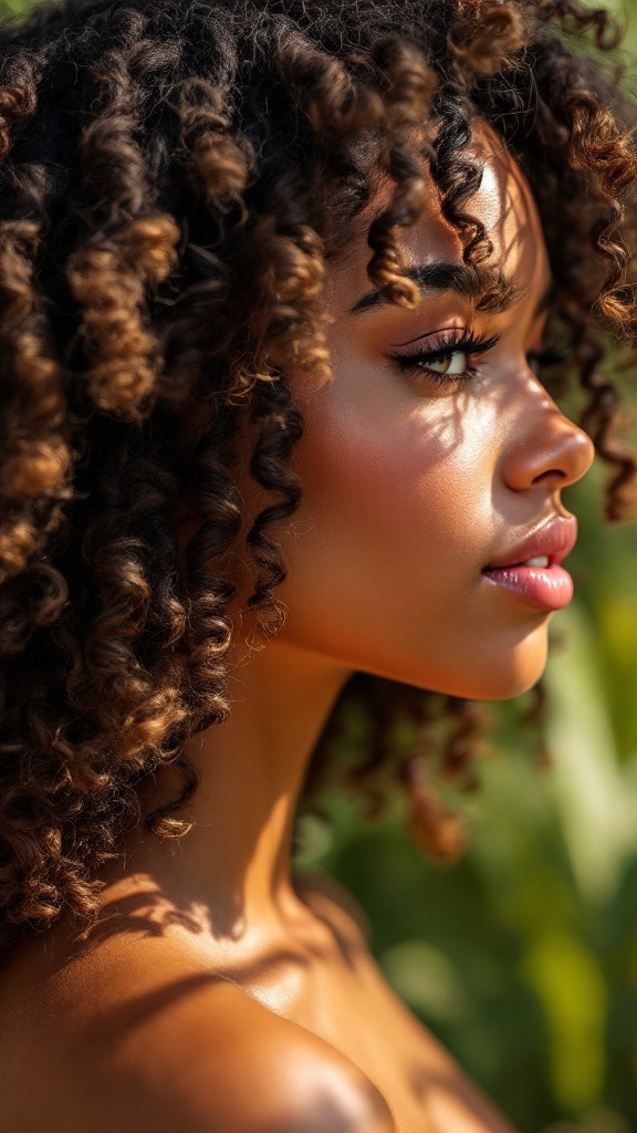 A profile view of a woman with natural curls and defined twists, showcasing her beautiful hair against a green background.