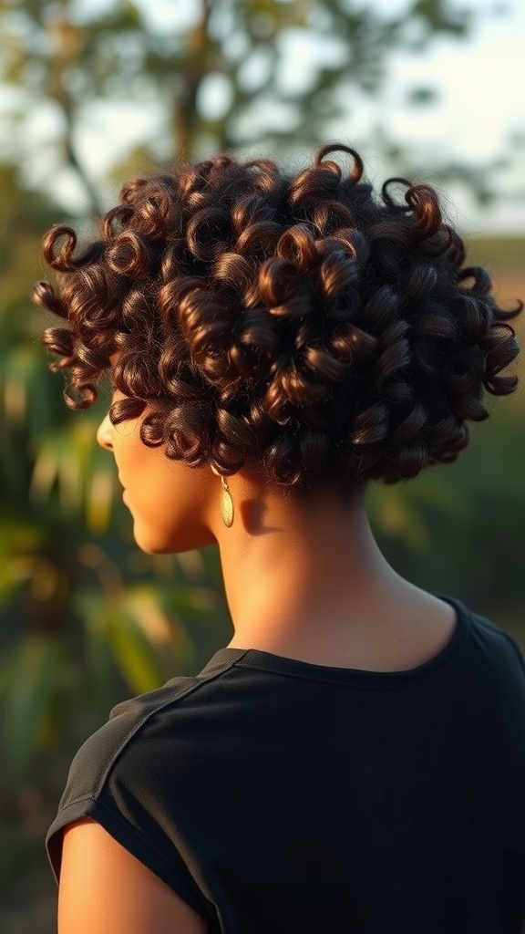 A woman with a natural curly bob hairstyle, showcasing tight, voluminous curls from the back.