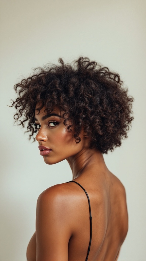 A woman with short, natural curly hair looking over her shoulder, showcasing her beautiful curls.