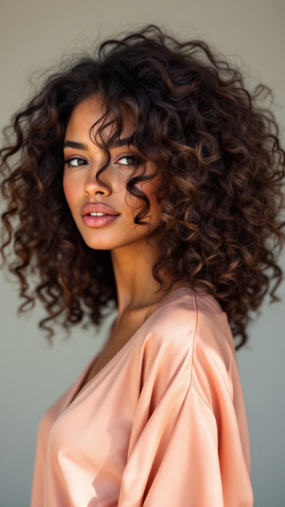 A woman with medium-length curly hair, showcasing natural volume and defined curls.
