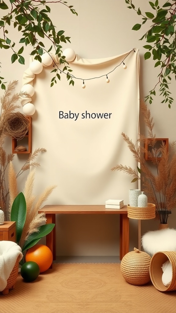 A cozy setup for a baby shower with earthy tones and natural decor.