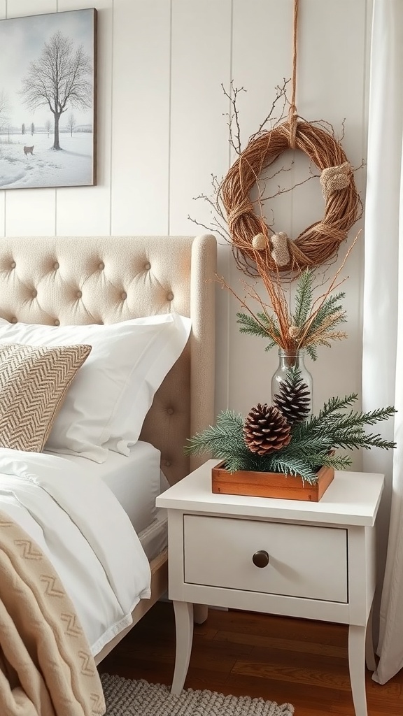 A cozy winter bedroom featuring a bedside table with pinecones and greenery, and a rustic wreath on the wall.