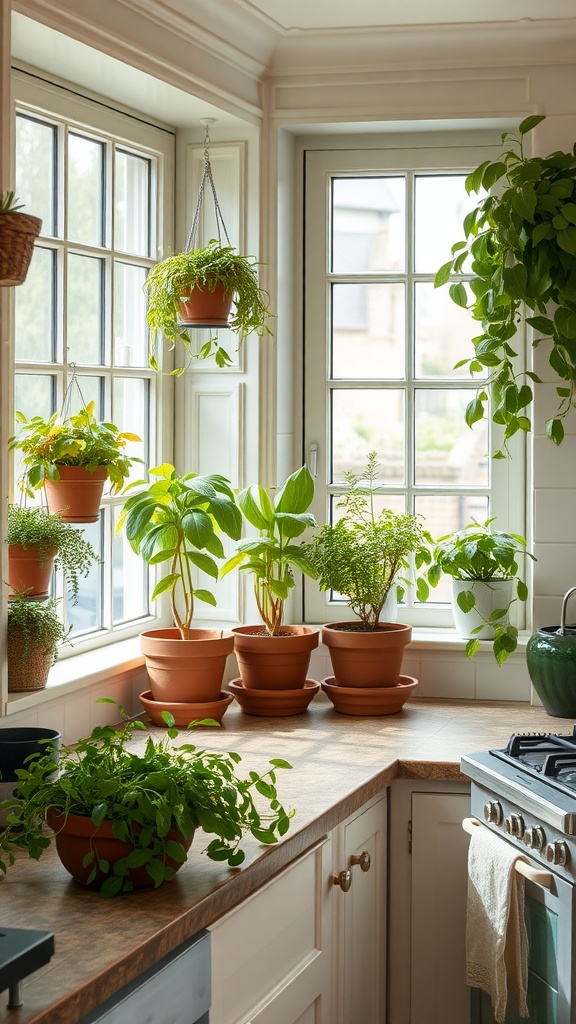 A bright kitchen window filled with various potted plants, showcasing greenery and natural elements.