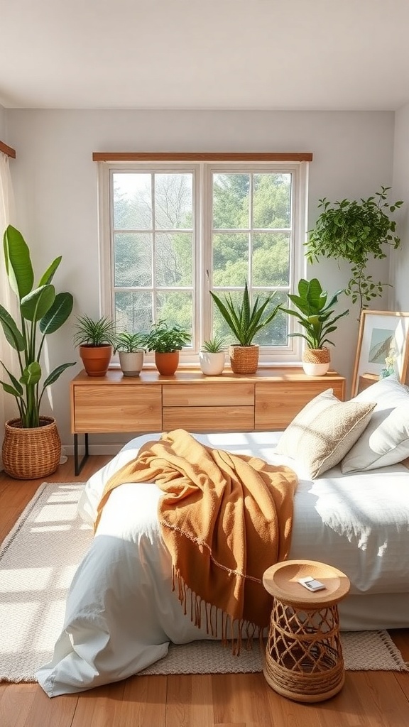 A cozy bedroom with plants, natural light, and warm decor.
