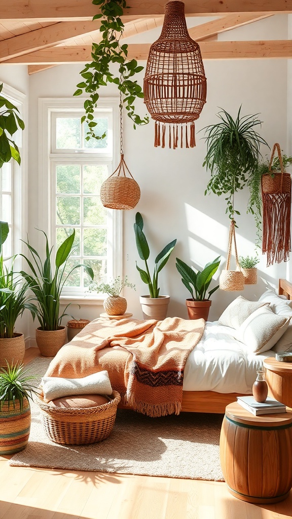 A bright boho bedroom filled with various plants, natural light, and woven decor.