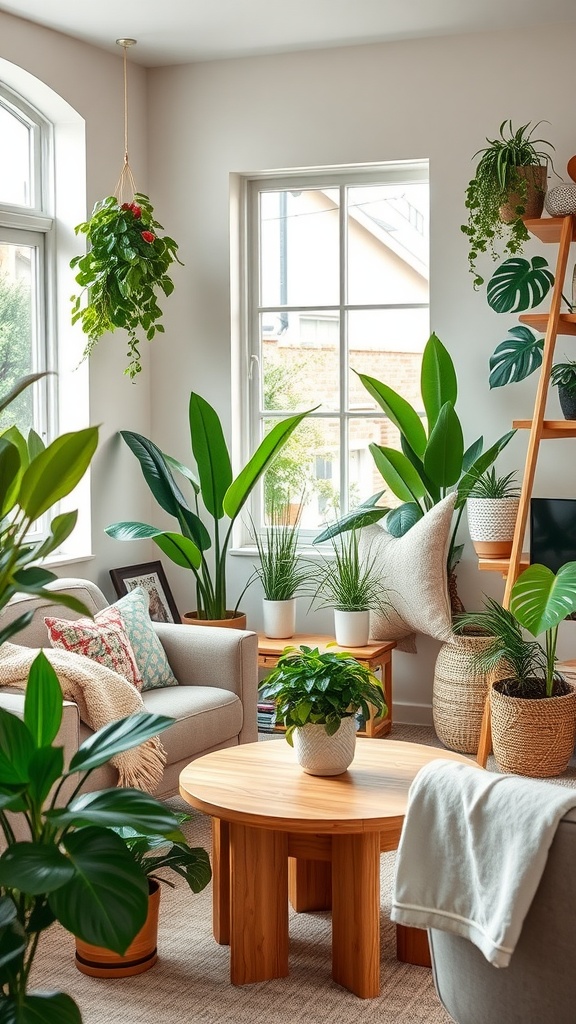 A bright family room filled with various indoor plants, featuring a cozy couch, wooden table, and decorative pillows.