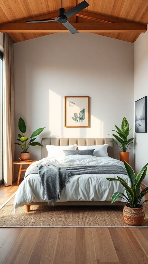 A modern Indian bedroom featuring plants, a wooden ceiling, and natural light.