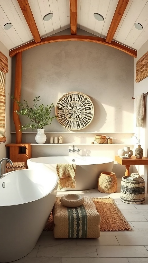 A bohemian-style bathroom featuring wooden beams, a freestanding bathtub, woven baskets, and natural decor.