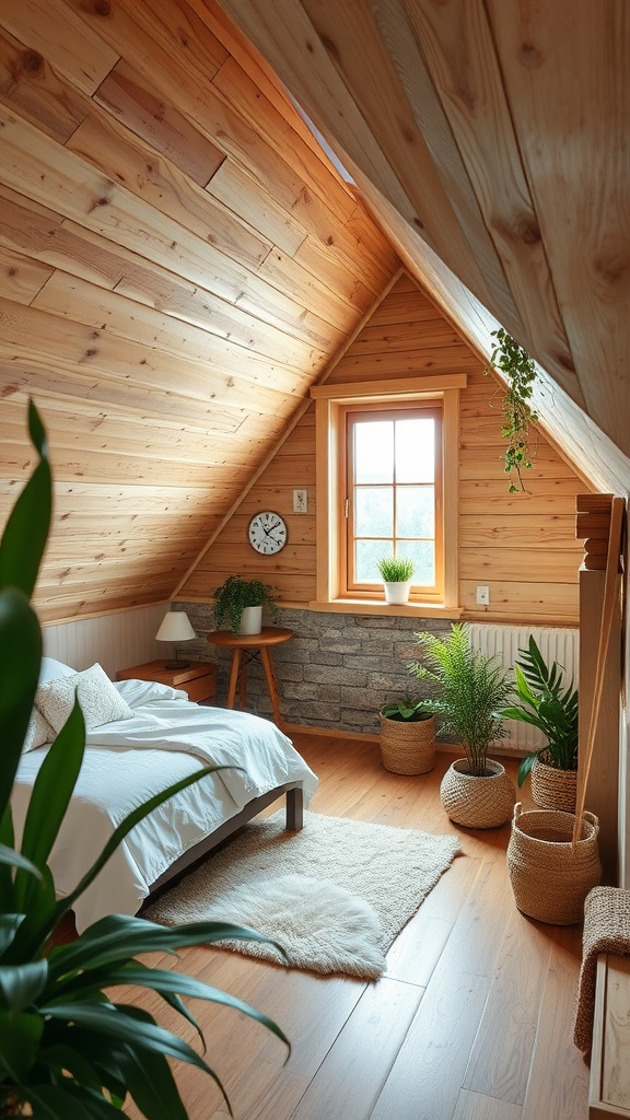 A cozy attic bedroom with wooden walls and plants, featuring a large window that brings in natural light.